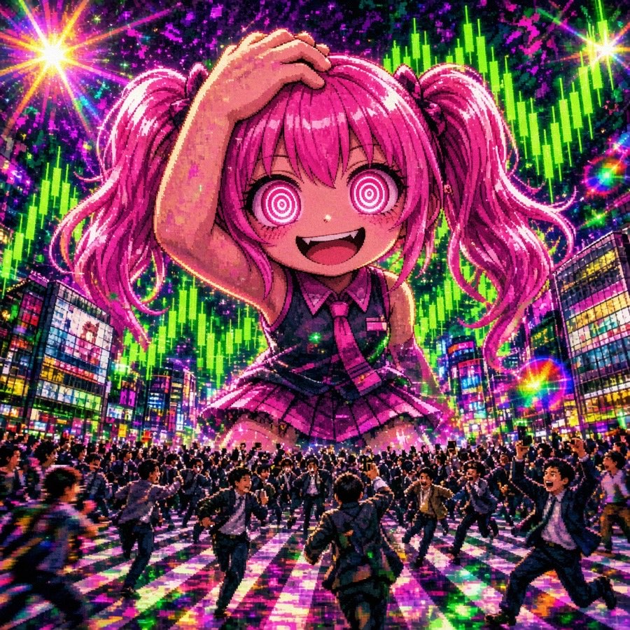 Giant chibi anime girl with pink twin tails and spiral eyes towering over Shibuya crossing, patting her own head while salarymen run below and green candles light the sky
