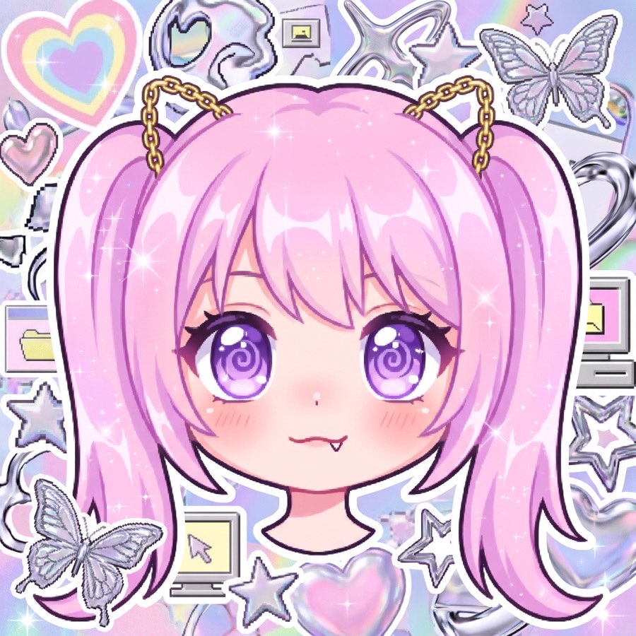 Milady style portrait of her, huge glossy eyes, y2k sticker background